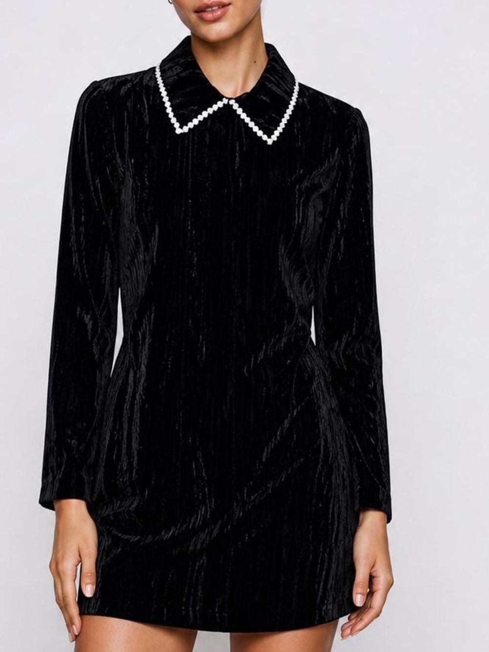 Zara Black Velvet Embellished Collared Long Sleeve Mini Dress size Small